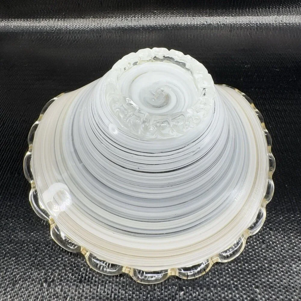 Venetian Art Glass Dish Bowl W Handles Hand Blown Italian Glass Gold White Swirl